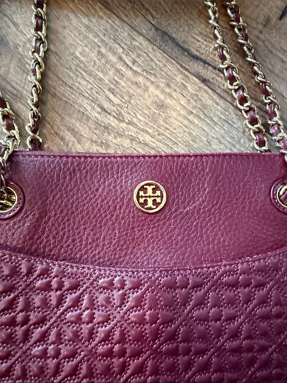 Tory Burch Quilted Leather Tote in Burgundy with Gold Chain Straps
